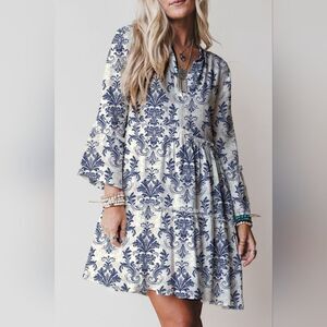 Boho Tiered Mini Dress | Printed Long Sleeve Viscose Ruffle Flirty Frill Dress